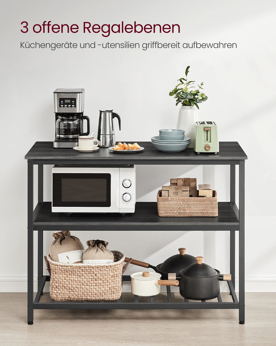 Küchenregal 3-stufig mit großer Arbeitsplatte und Stahlrahmen