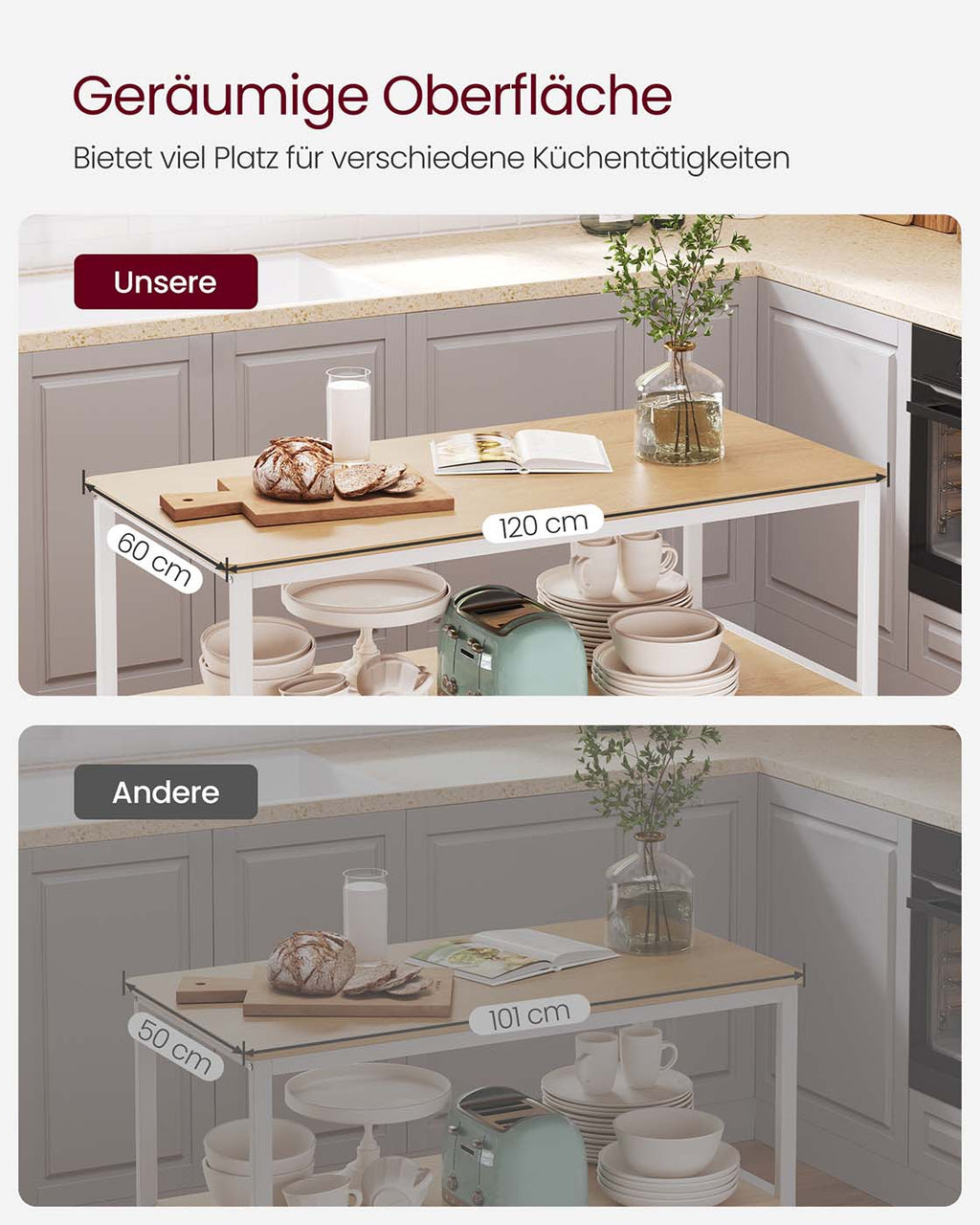 Küchenregal 3-stufig mit großer Arbeitsplatte und Stahlrahmen