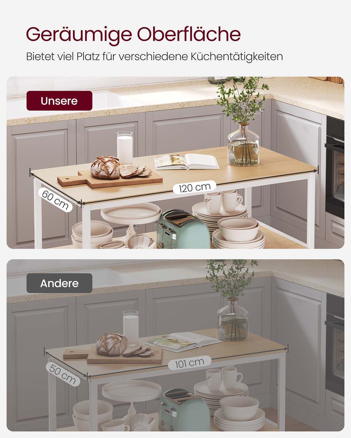 Küchenregal 3-stufig mit großer Arbeitsplatte und Stahlrahmen