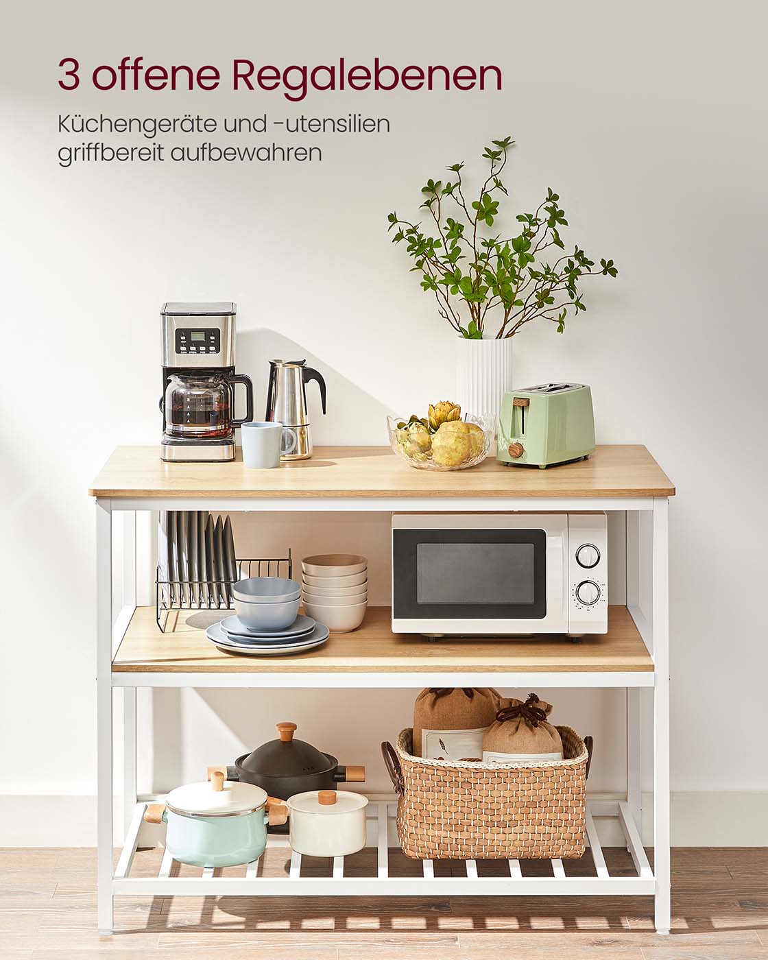Küchenregal 3-stufig mit großer Arbeitsplatte und Stahlrahmen