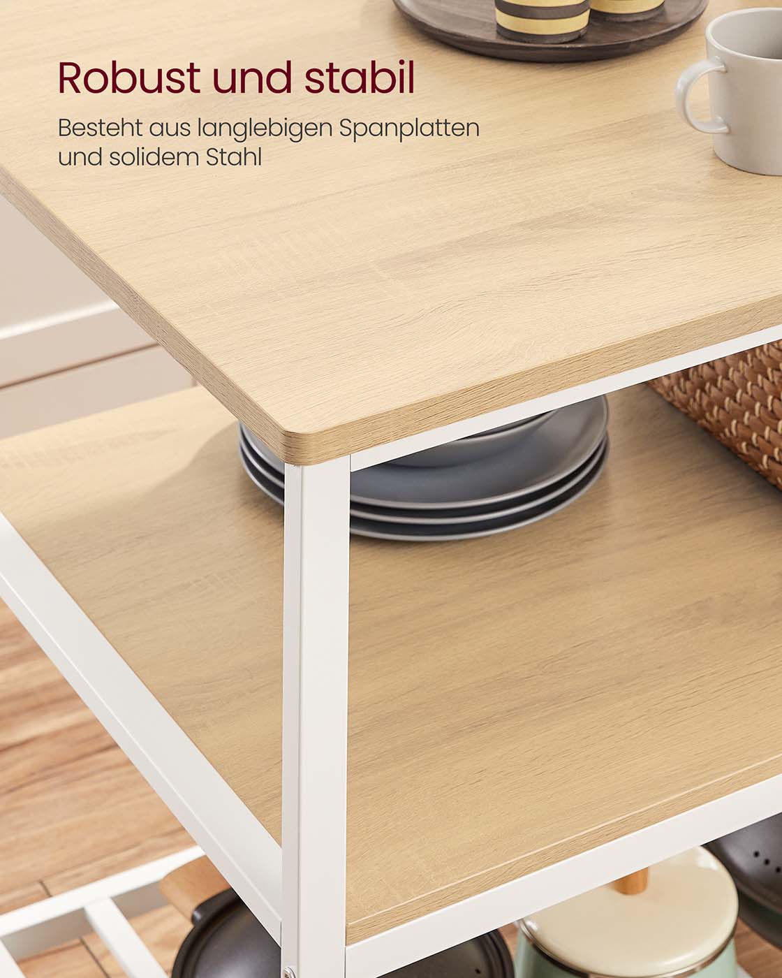 Küchenregal 3-stufig mit großer Arbeitsplatte und Stahlrahmen