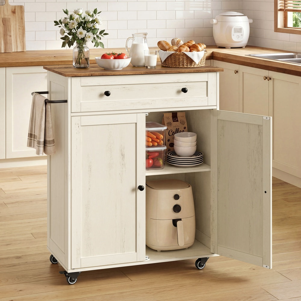 SIREN Kollektion - Küchenschrank, Kücheninsel, Küchenwagen mit Arbeitsplatte, Rollen, Rollwagen Küche, Schublade, Landhausstil, verstellbare Ablage, wolkenweiß-honigbraun