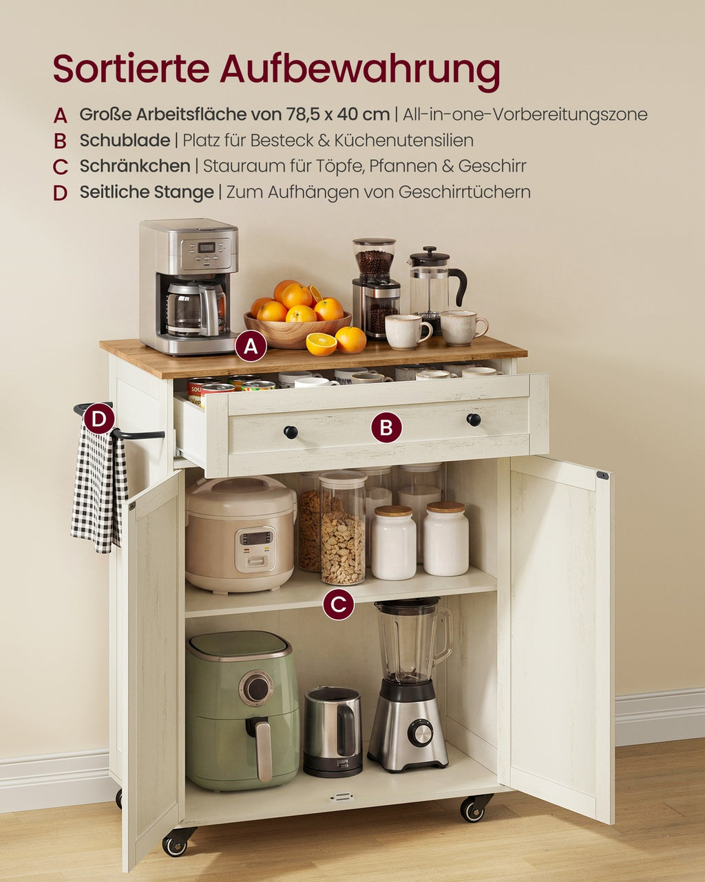 SIREN Kollektion - Küchenschrank, Kücheninsel, Küchenwagen mit Arbeitsplatte, Rollen, Rollwagen Küche, Schublade, Landhausstil, verstellbare Ablage, wolkenweiß-honigbraun