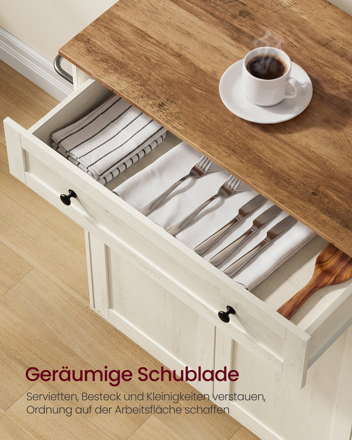 SIREN Kollektion - Küchenschrank, Kücheninsel, Küchenwagen mit Arbeitsplatte, Rollen, Rollwagen Küche, Schublade, Landhausstil, verstellbare Ablage, wolkenweiß-honigbraun
