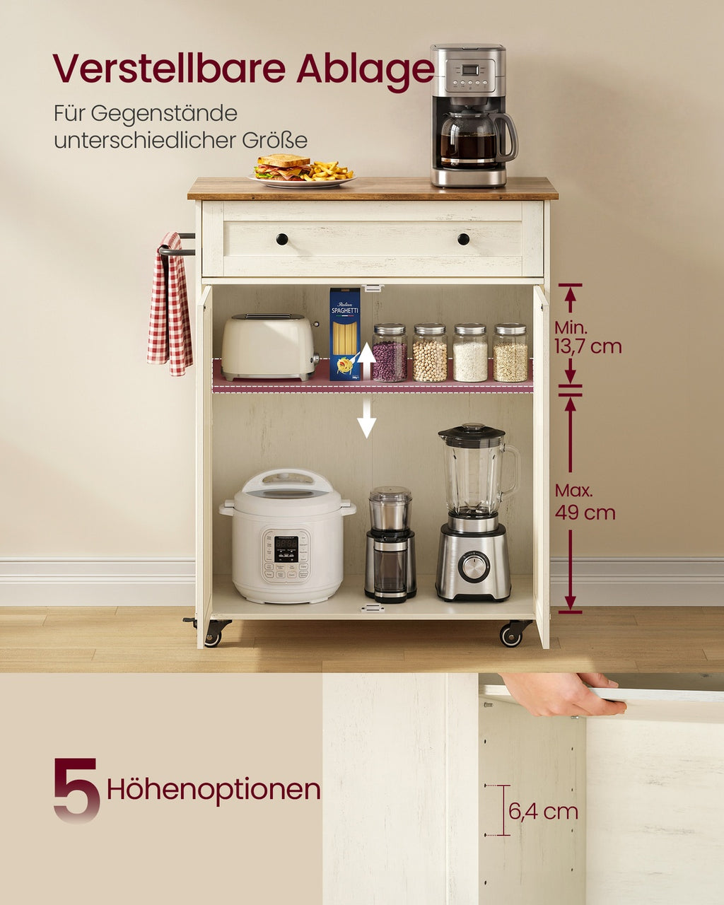 SIREN Kollektion - Küchenschrank, Kücheninsel, Küchenwagen mit Arbeitsplatte, Rollen, Rollwagen Küche, Schublade, Landhausstil, verstellbare Ablage, wolkenweiß-honigbraun