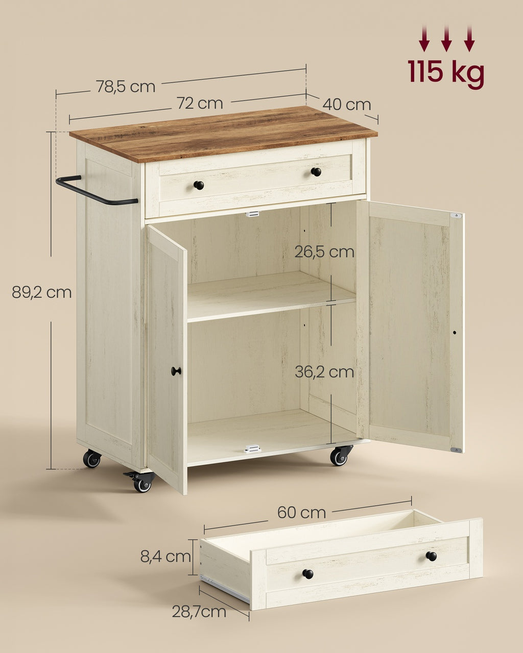 SIREN Kollektion - Küchenschrank, Kücheninsel, Küchenwagen mit Arbeitsplatte, Rollen, Rollwagen Küche, Schublade, Landhausstil, verstellbare Ablage, wolkenweiß-honigbraun