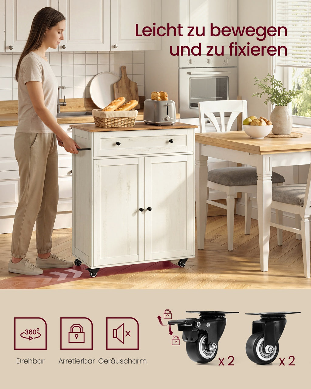 SIREN Kollektion - Küchenschrank, Kücheninsel, Küchenwagen mit Arbeitsplatte, Rollen, Rollwagen Küche, Schublade, Landhausstil, verstellbare Ablage, wolkenweiß-honigbraun