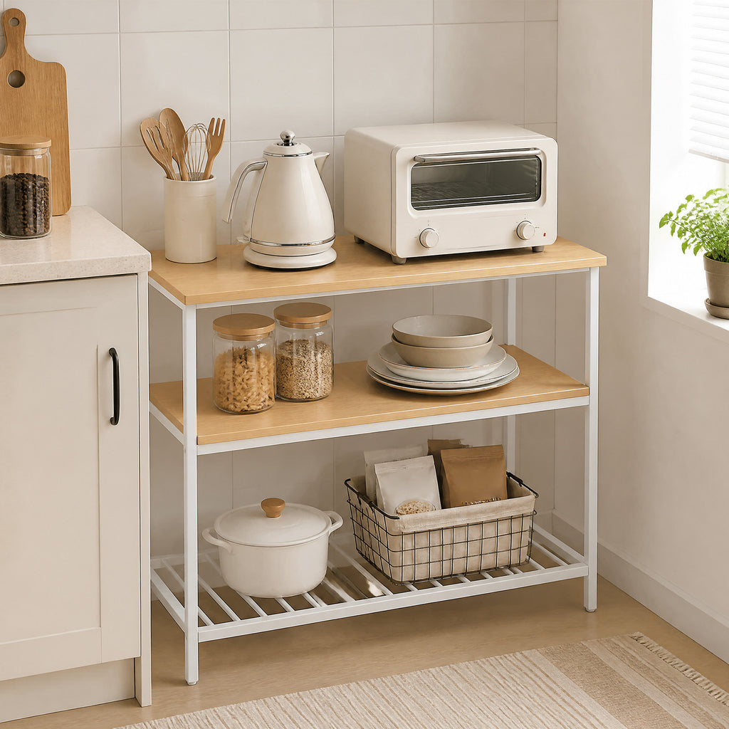 Küchenregal mit großer Arbeitsplatte, 3-stufiges Mikrowellenregal, Stahlrahmen