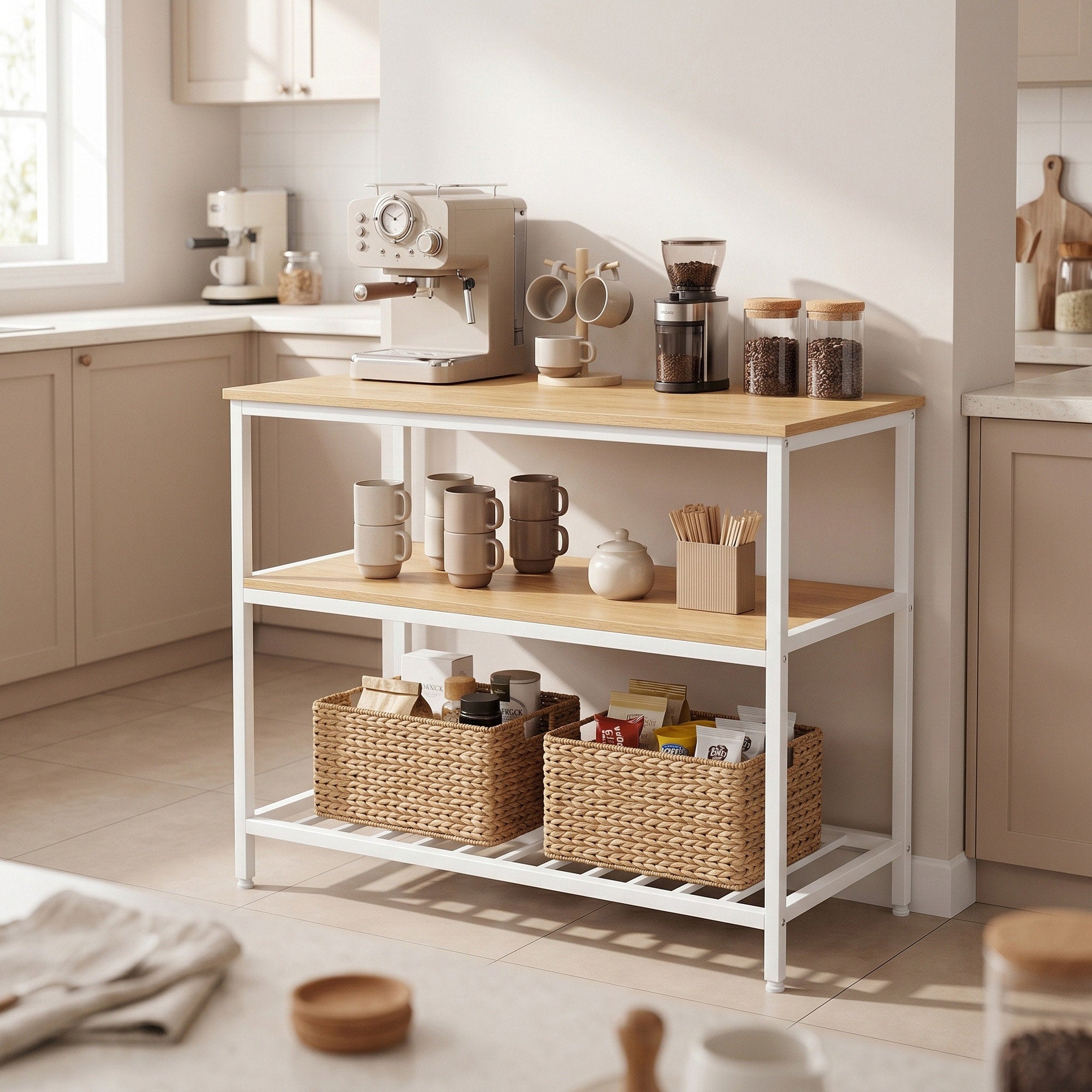 Küchenregal mit großer Arbeitsplatte, 3-stufiges Mikrowellenregal, Stahlrahmen