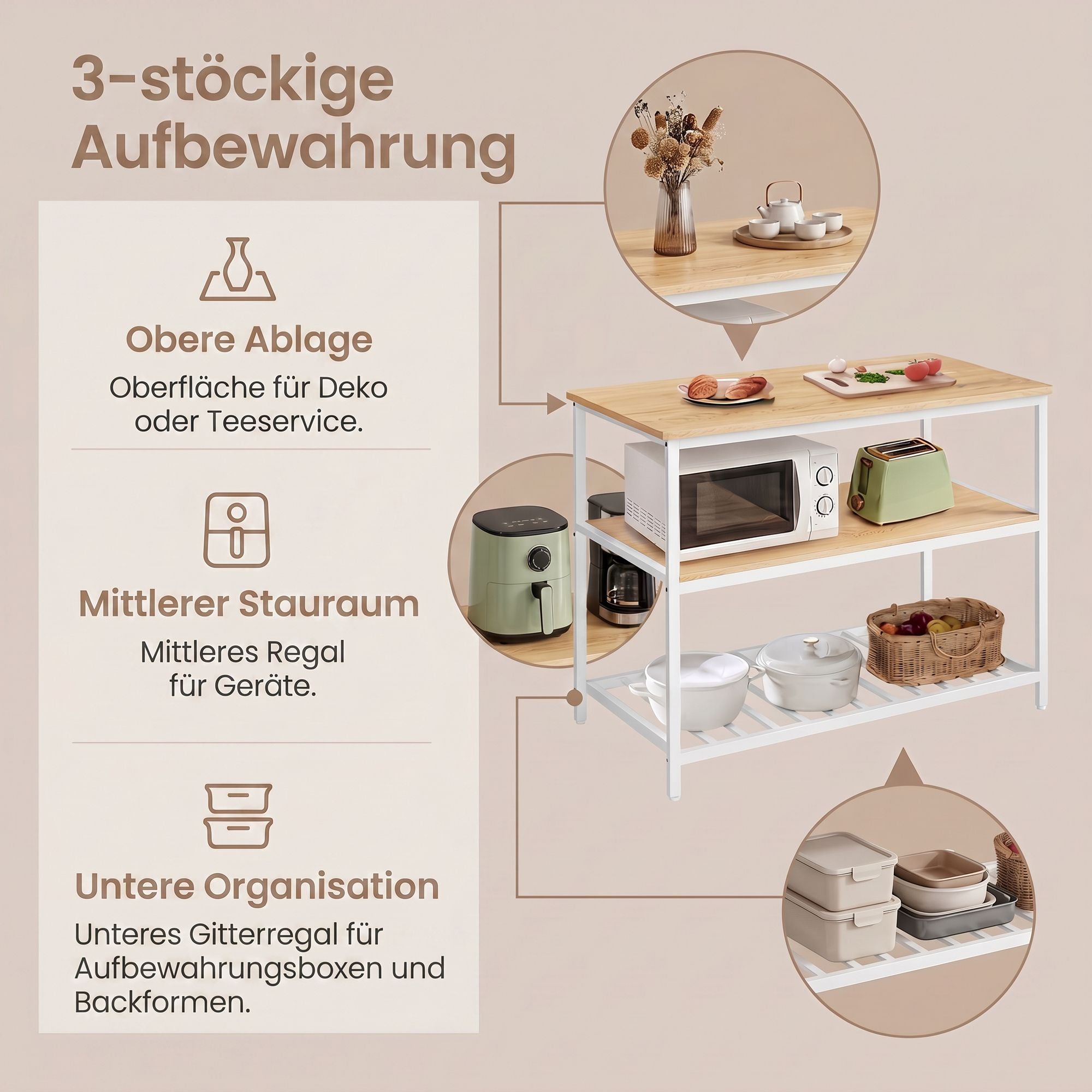 Küchenregal mit großer Arbeitsplatte, 3-stufiges Mikrowellenregal, Stahlrahmen
