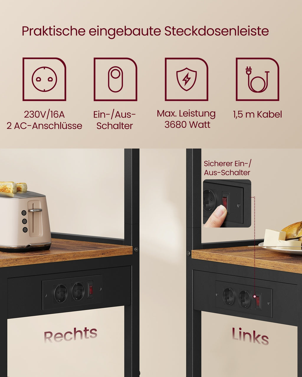 Mehrstöckiges Küchenregal mit Steckdosen vintagebraun-tintenschwarz