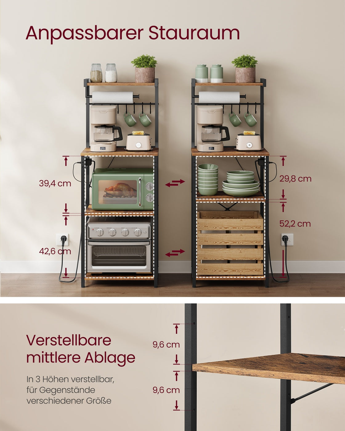 Mehrstöckiges Küchenregal mit Steckdosen vintagebraun-tintenschwarz