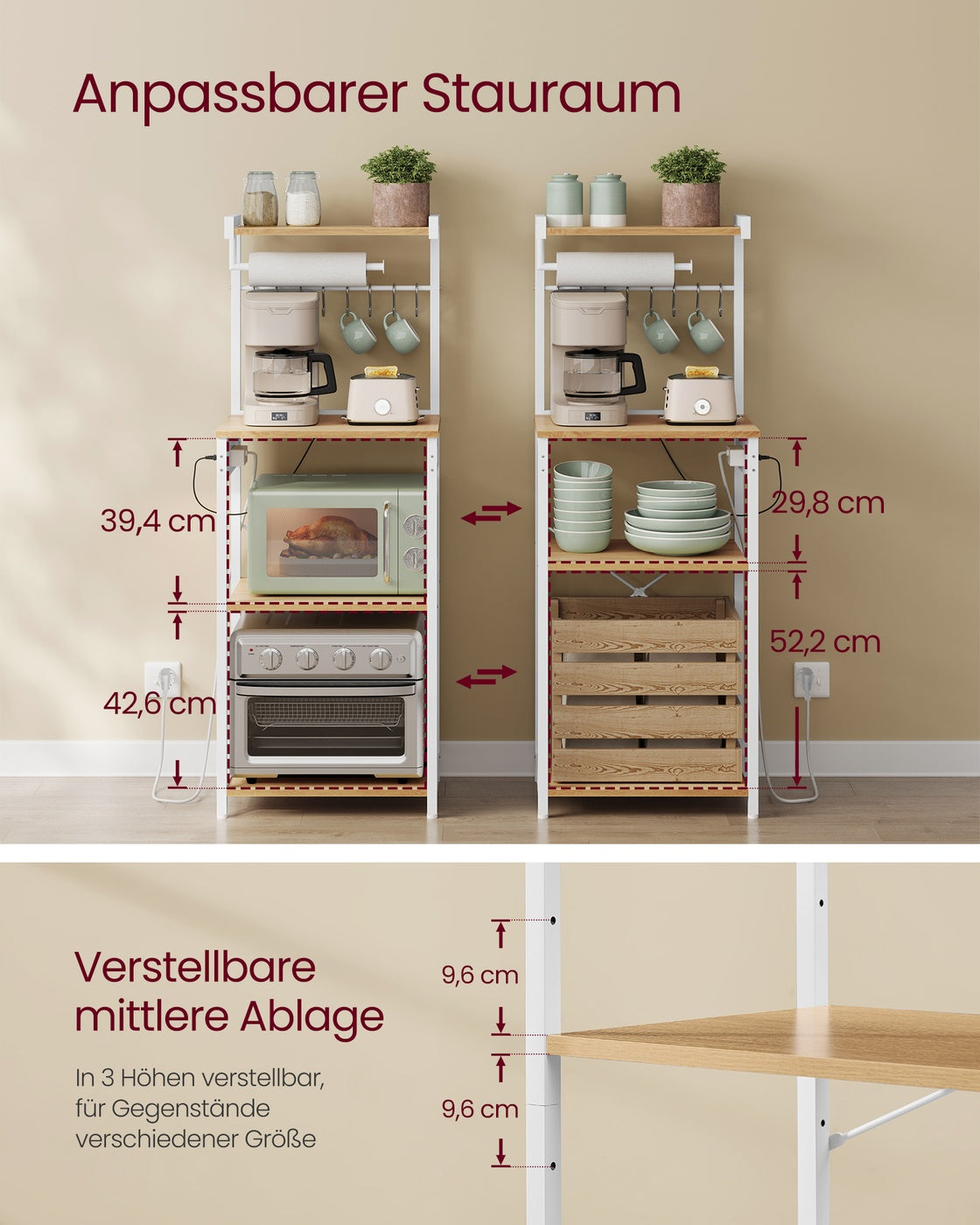 Küchenregal mit Steckdosen, Standregal, Kaffeebar mit 4 Ebenen und 8 S-Haken, Mikrowellen-Regal, verstellbare Ablage, 40 x 45 x 140 cm, goldeichenfarben-wolkenweiß