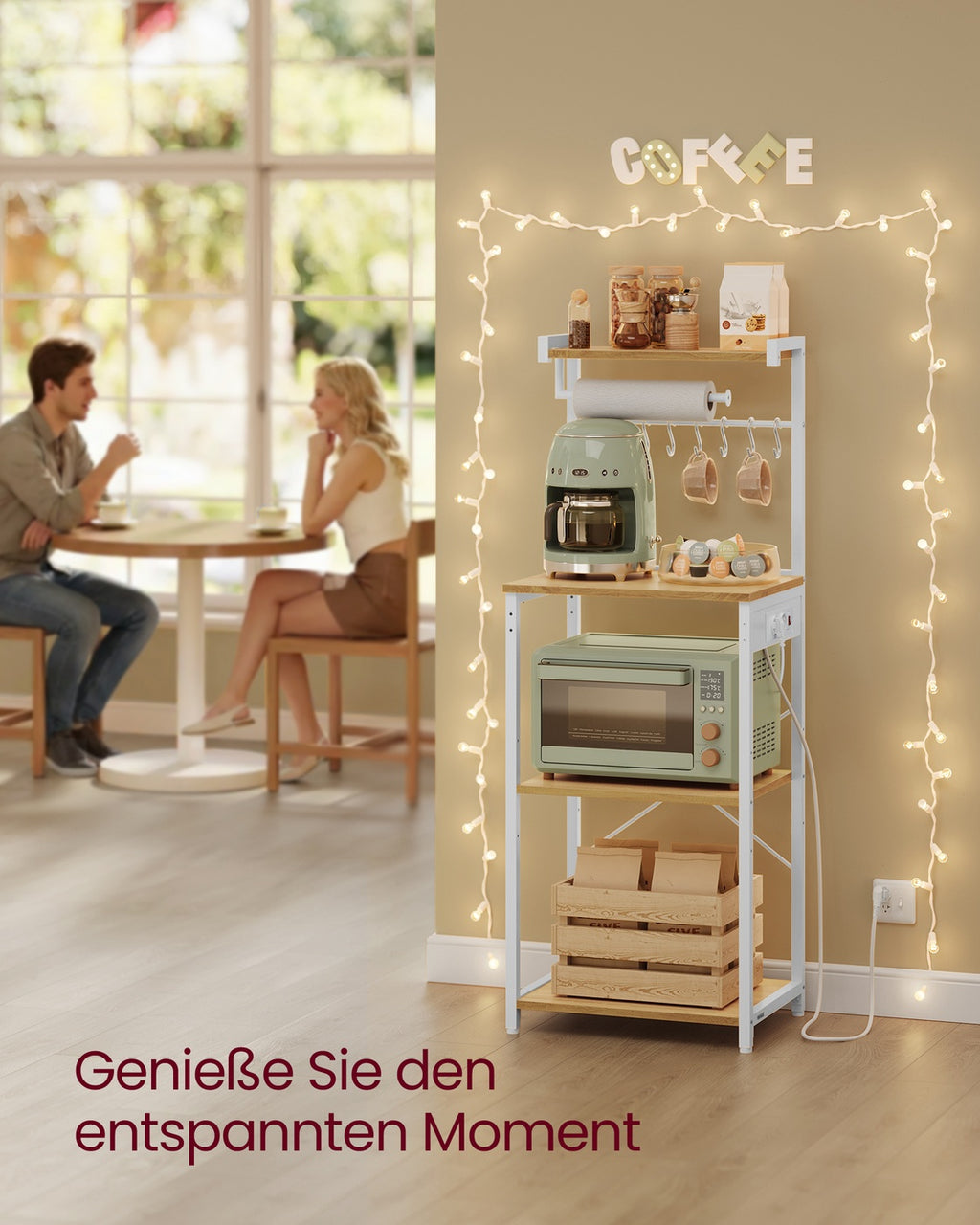 Küchenregal mit Steckdosen, Standregal, Kaffeebar mit 4 Ebenen und 8 S-Haken, Mikrowellen-Regal, verstellbare Ablage, 40 x 45 x 140 cm, goldeichenfarben-wolkenweiß