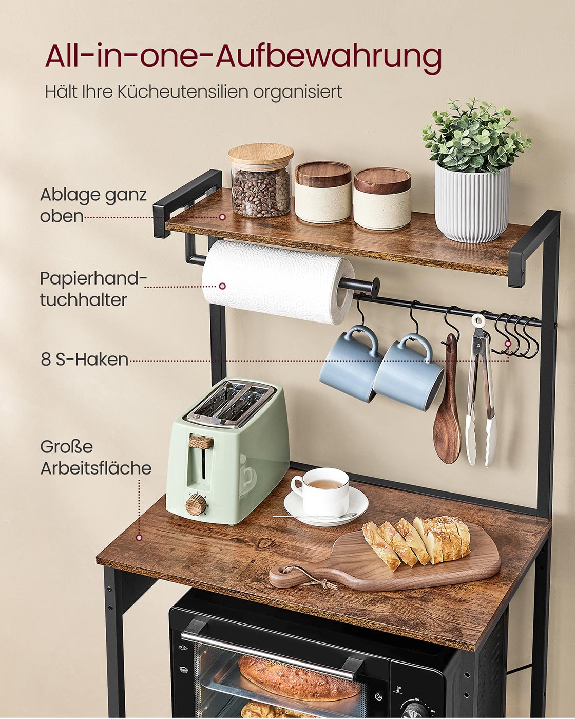 Küchenregal mit Steckdosen, Standregal, Mikrowellen-Regal 4 Ebenen und 8 S-Haken