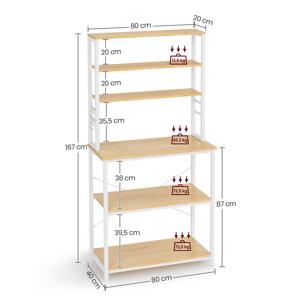 Küchenregal mit 6 Regalebenen und 6 Haken