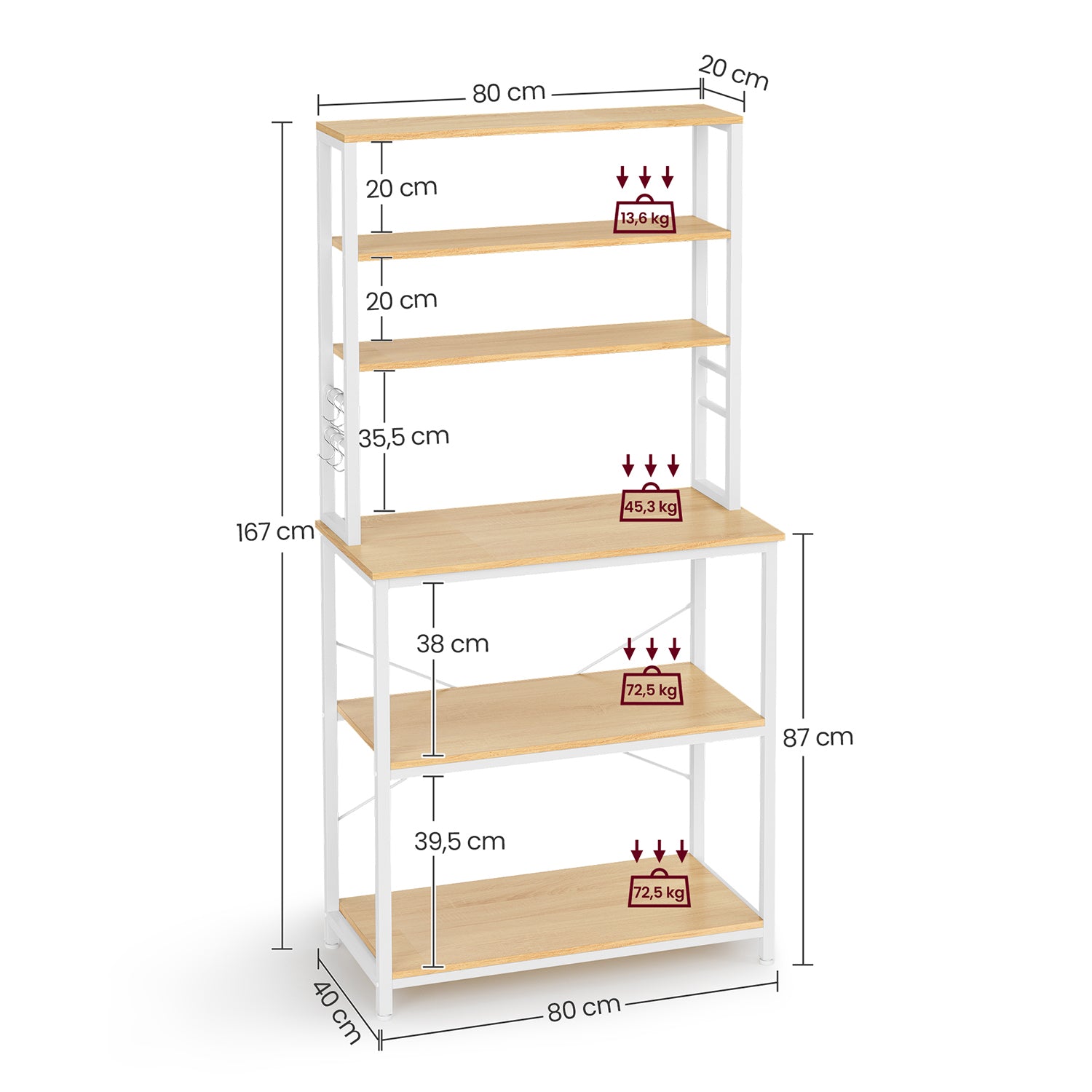 Küchenregal mit 6 Regalebenen und 6 Haken