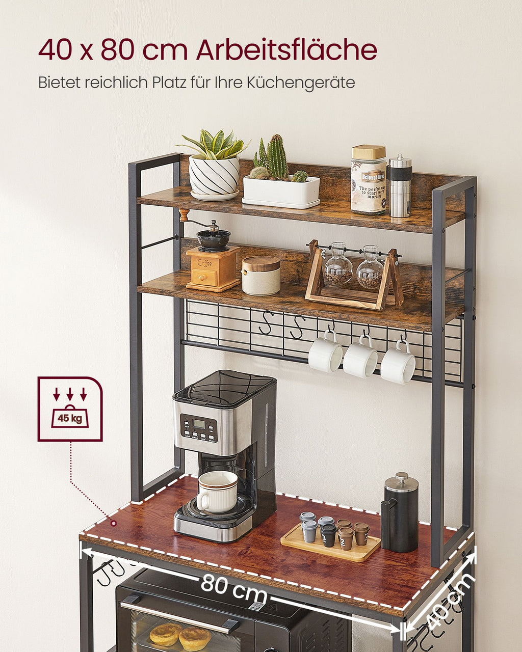 Küchenregal mit Steckdosen und Gitterplatte vintagebraun-schwarz