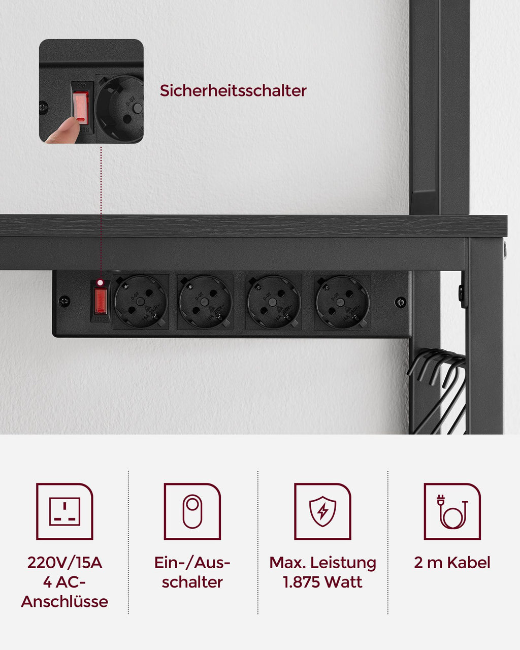 Küchenregal mit Steckdosen und Gitterplatte