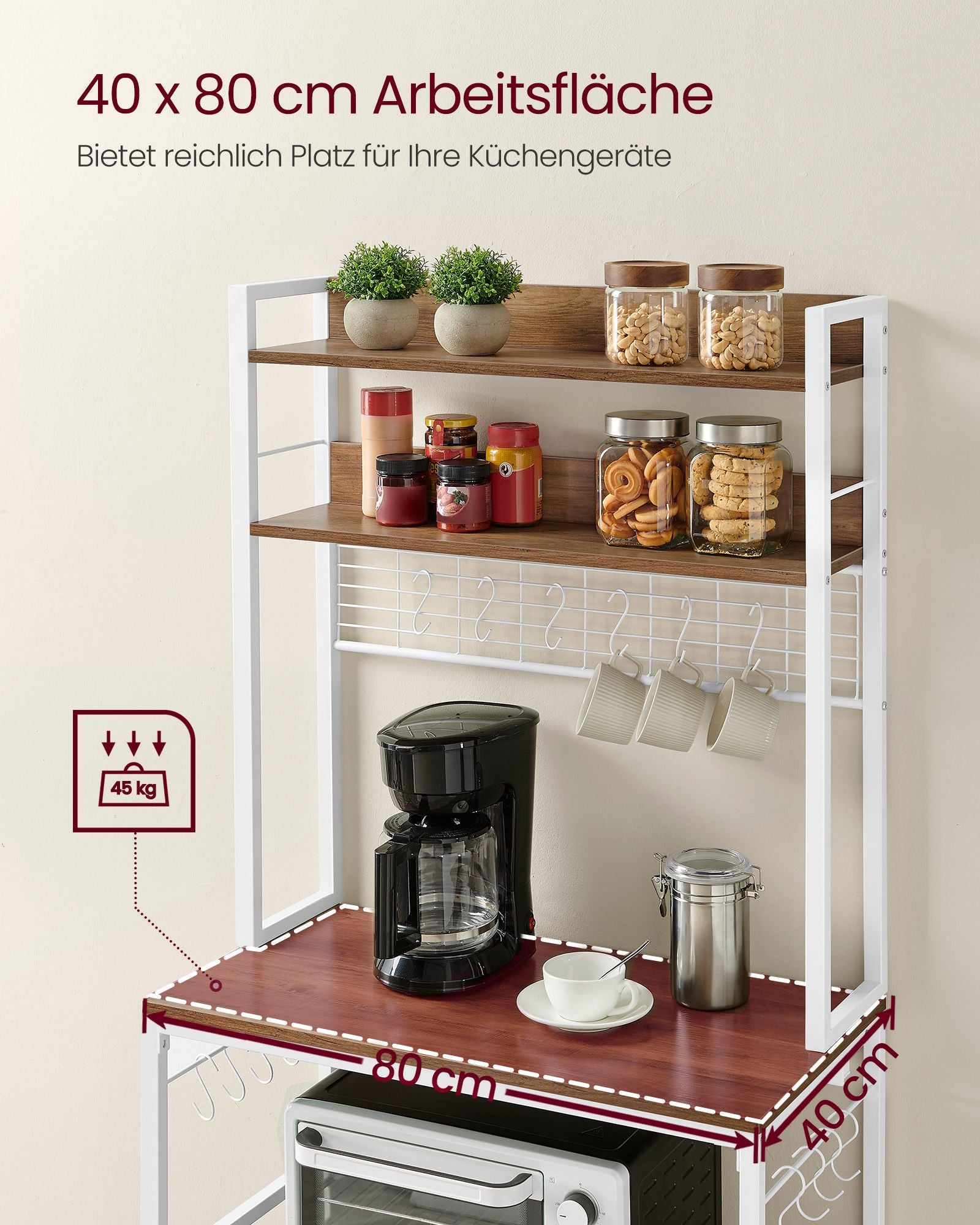 Küchenregal mit Steckdosen und Gitterplatte vintagebraun-weiß