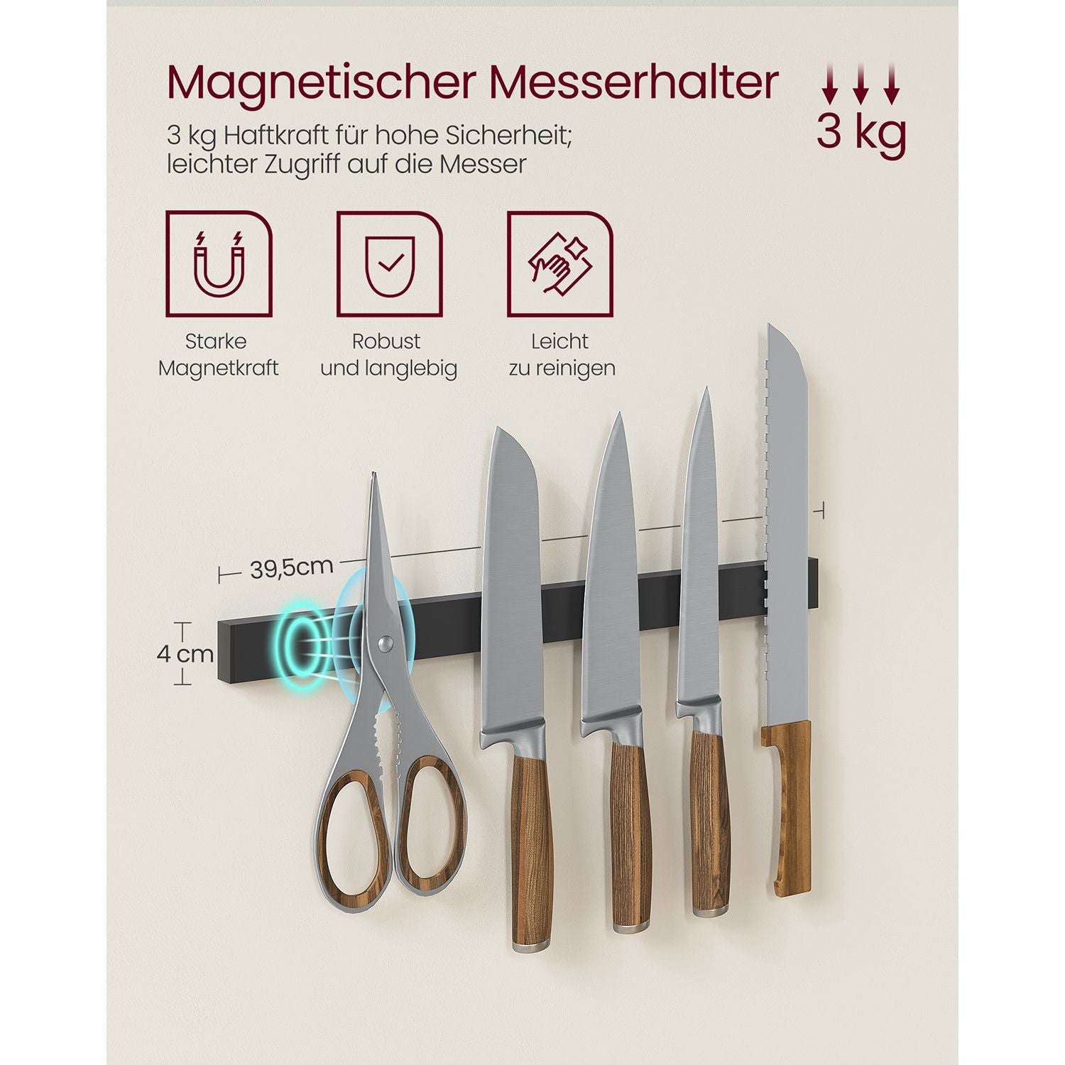 Küchenregal mit Magnetleiste für Messer und 12 Haken vintagebraun-schwarz