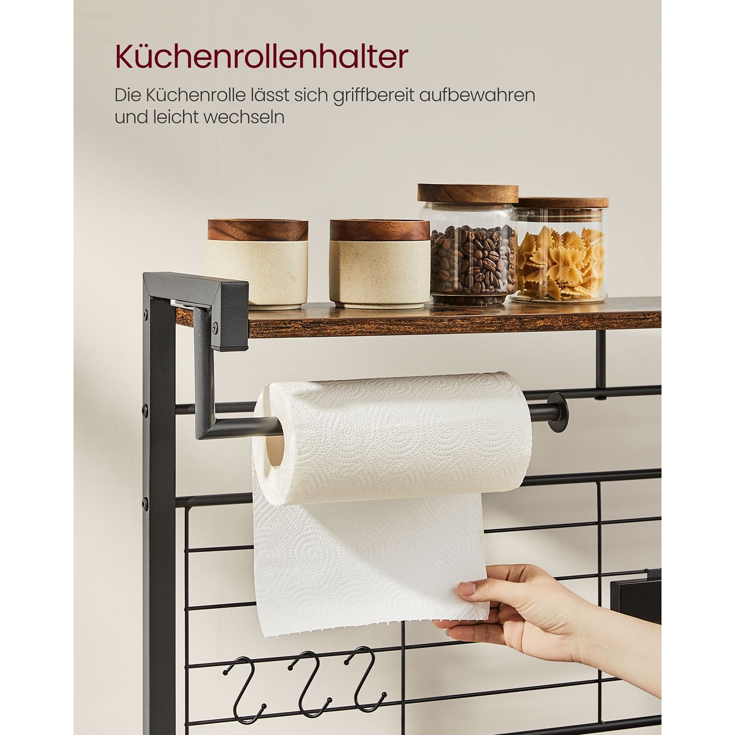 Küchenregal mit Magnetleiste für Messer und 12 Haken vintagebraun-schwarz