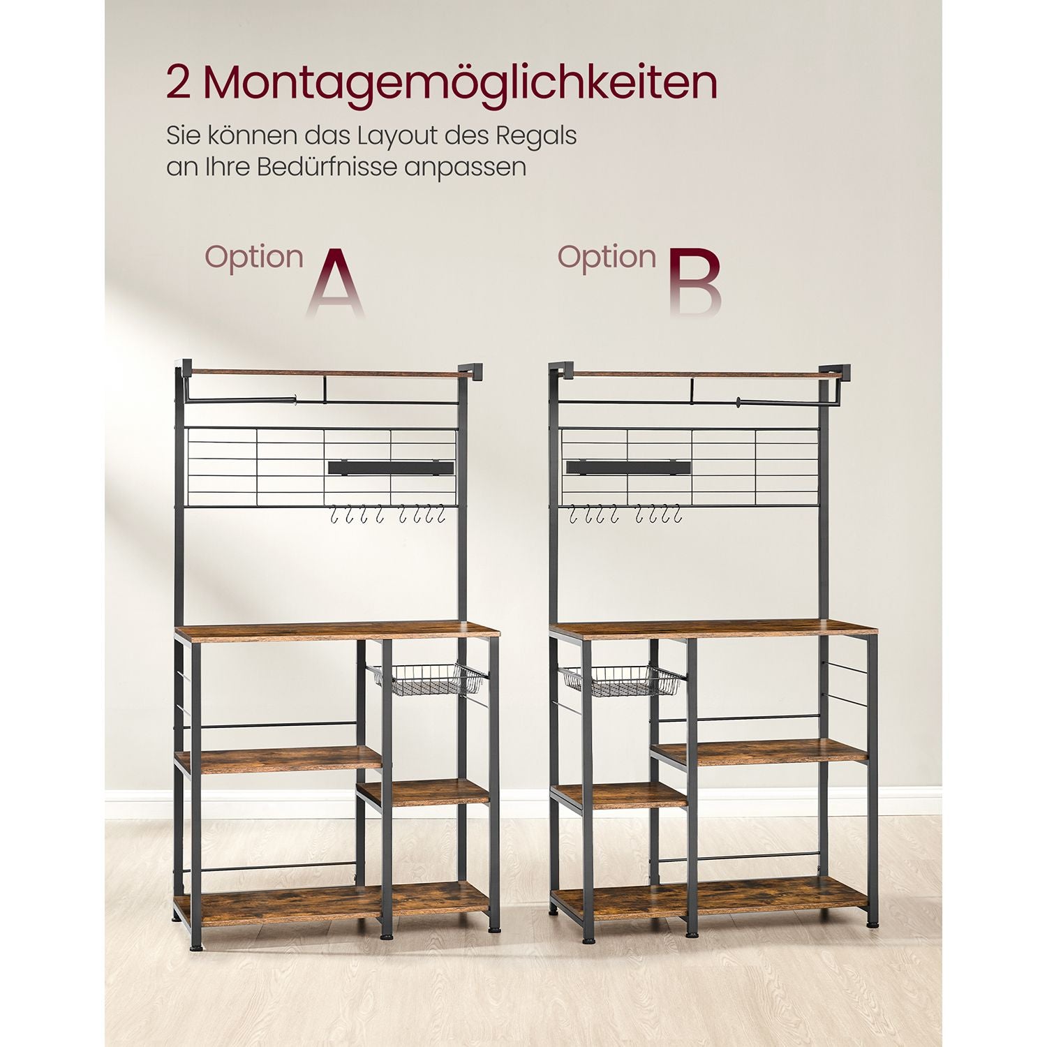 Küchenregal mit Magnetleiste für Messer und 12 Haken vintagebraun-schwarz