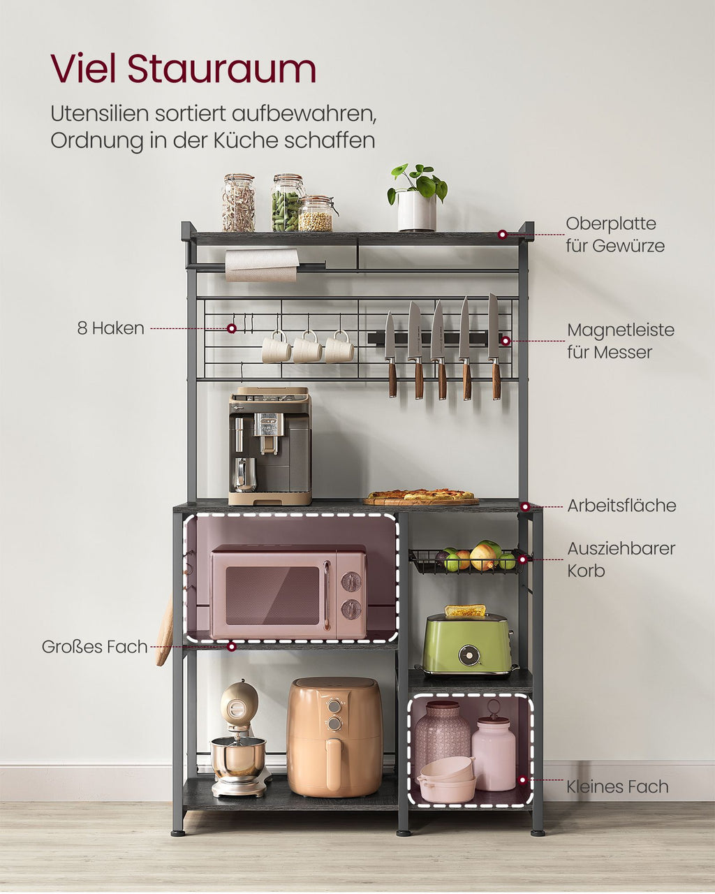 Küchenregal mit Magnetleiste 12 Haken ebenholzfarben-schwarz