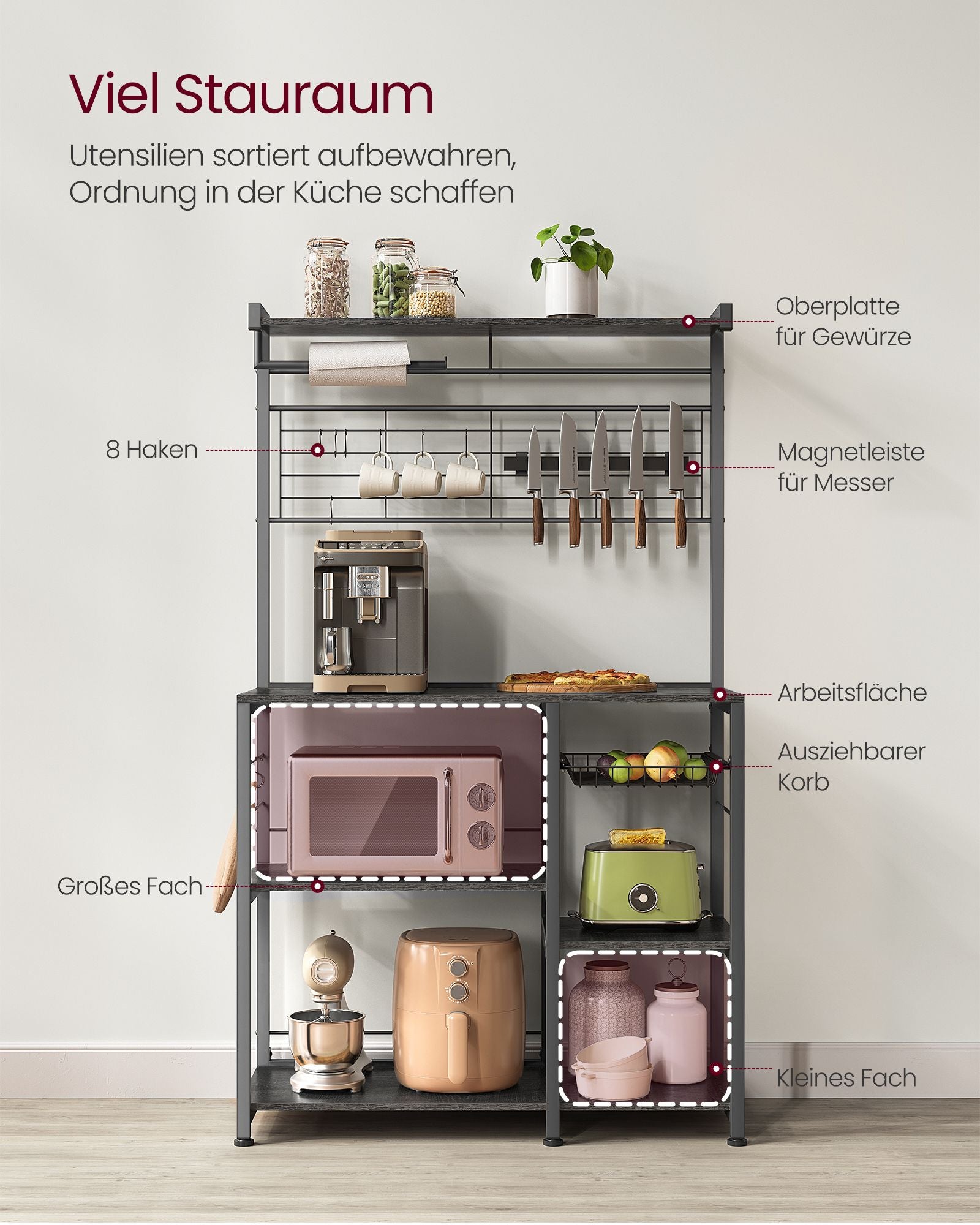 Küchenregal mit Magnetleiste 12 Haken ebenholzfarben-schwarz