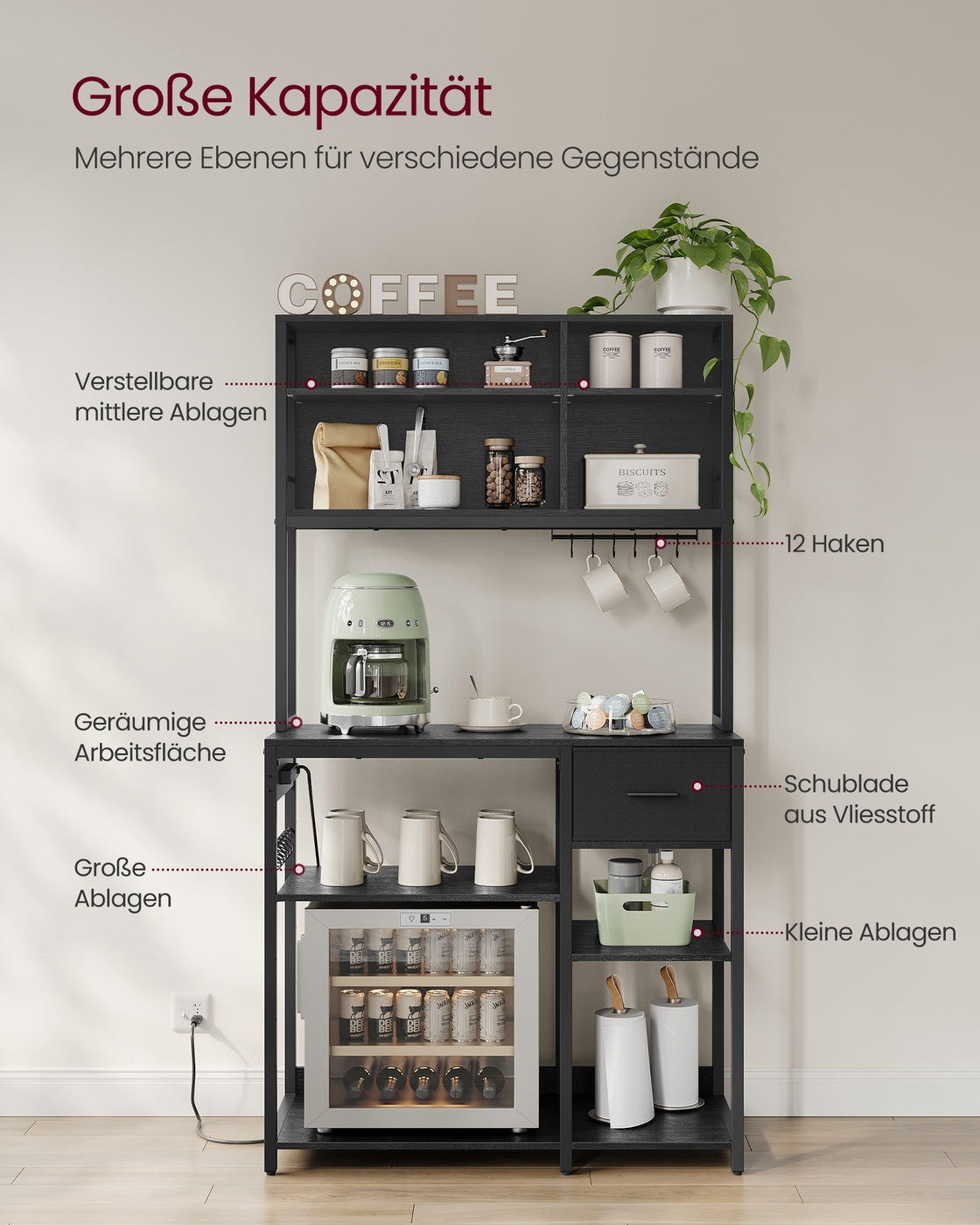 Küchenregal mit Steckdosen und Stoffschublade 40 x 100 x 180,4 cm