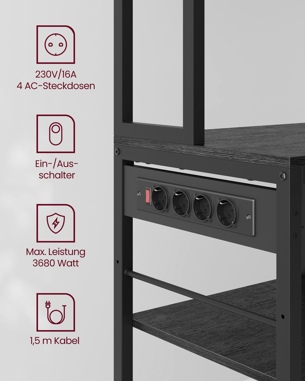 Küchenregal mit Steckdosen und Stoffschublade 40 x 100 x 180,4 cm
