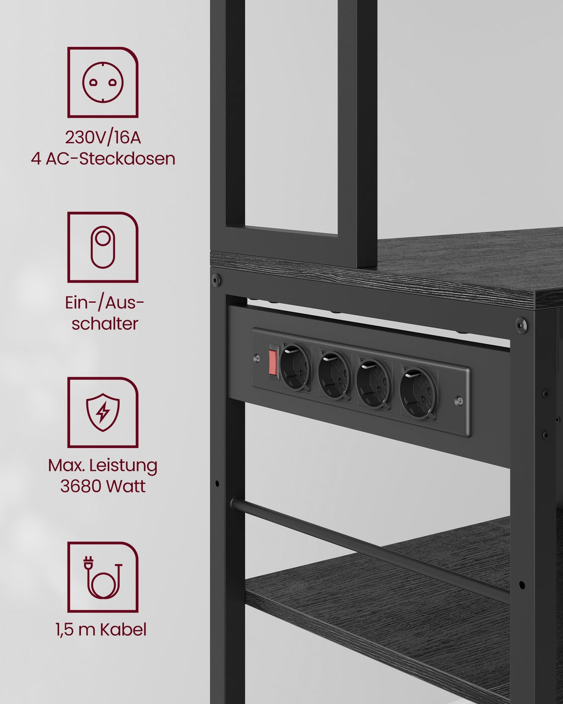 Küchenregal mit Steckdosen und Stoffschublade 40 x 100 x 180,4 cm