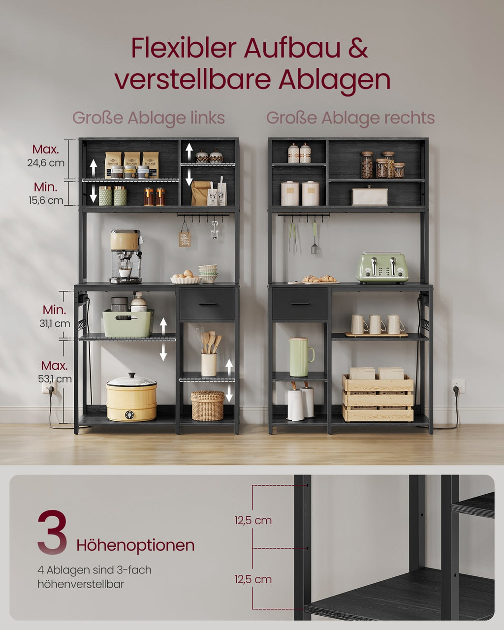 Küchenregal mit Steckdosen und Stoffschublade 40 x 100 x 180,4 cm