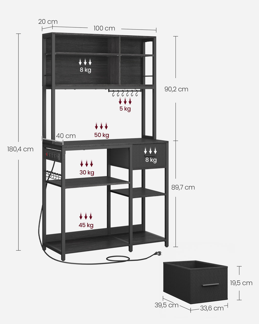 Küchenregal mit Steckdosen und Stoffschublade 40 x 100 x 180,4 cm