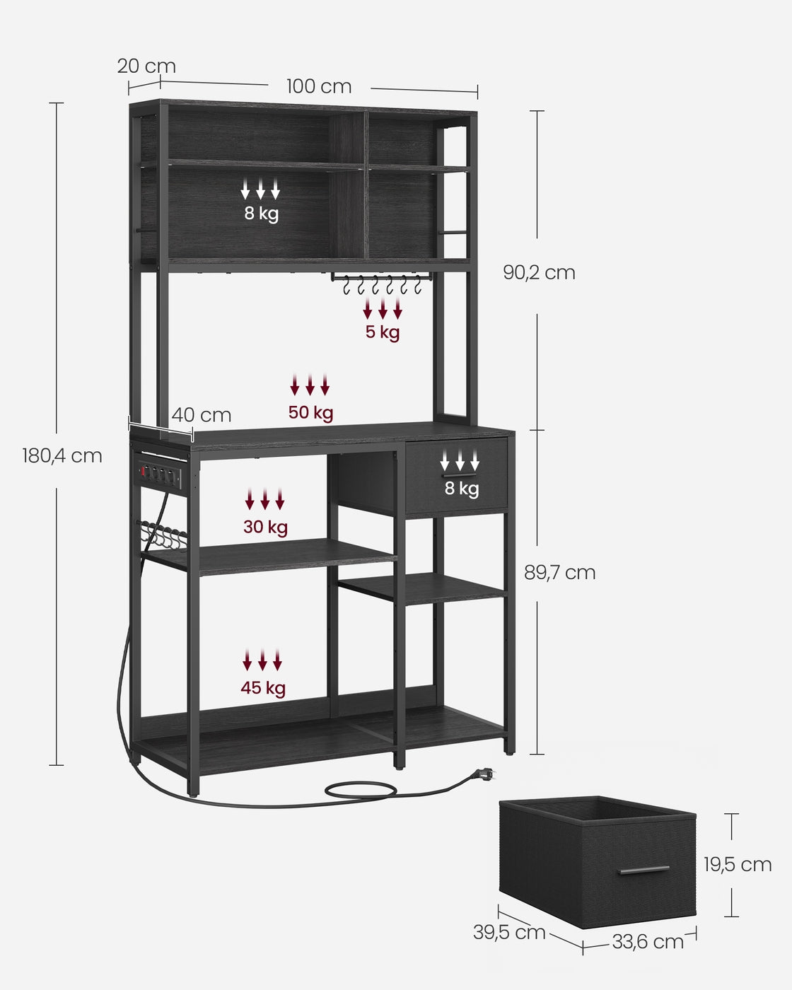 Küchenregal mit Steckdosen und Stoffschublade 40 x 100 x 180,4 cm