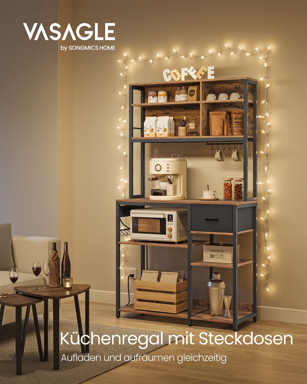 Küchenregal mit Steckdosen und Stoffschublade 40 x 100 x 180,4 cm