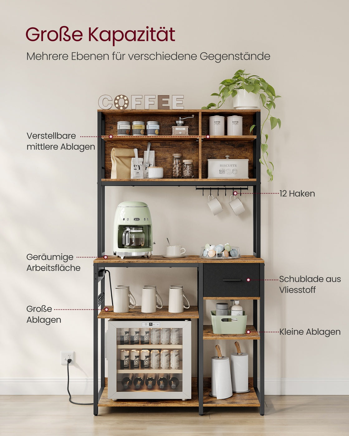 Küchenregal mit Steckdosen und Stoffschublade 40 x 100 x 180,4 cm
