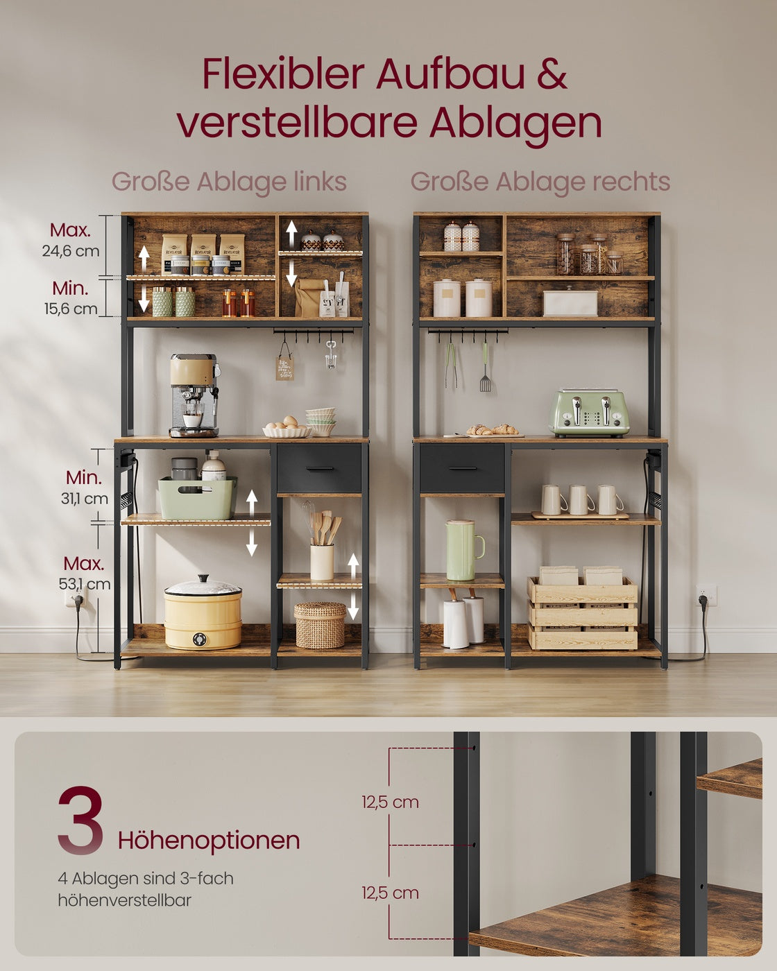 Küchenregal mit Steckdosen und Stoffschublade 40 x 100 x 180,4 cm