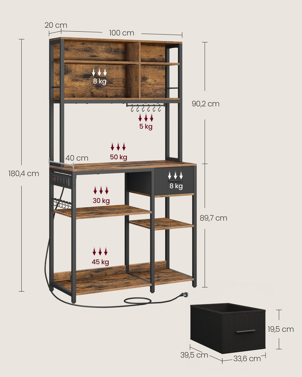 Küchenregal mit Steckdosen und Stoffschublade 40 x 100 x 180,4 cm