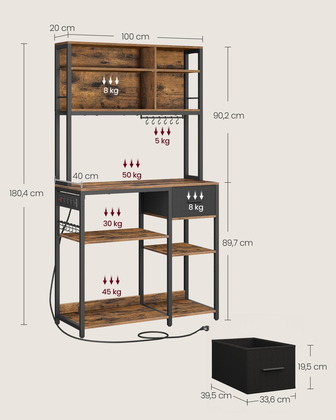 Küchenregal mit Steckdosen und Stoffschublade 40 x 100 x 180,4 cm