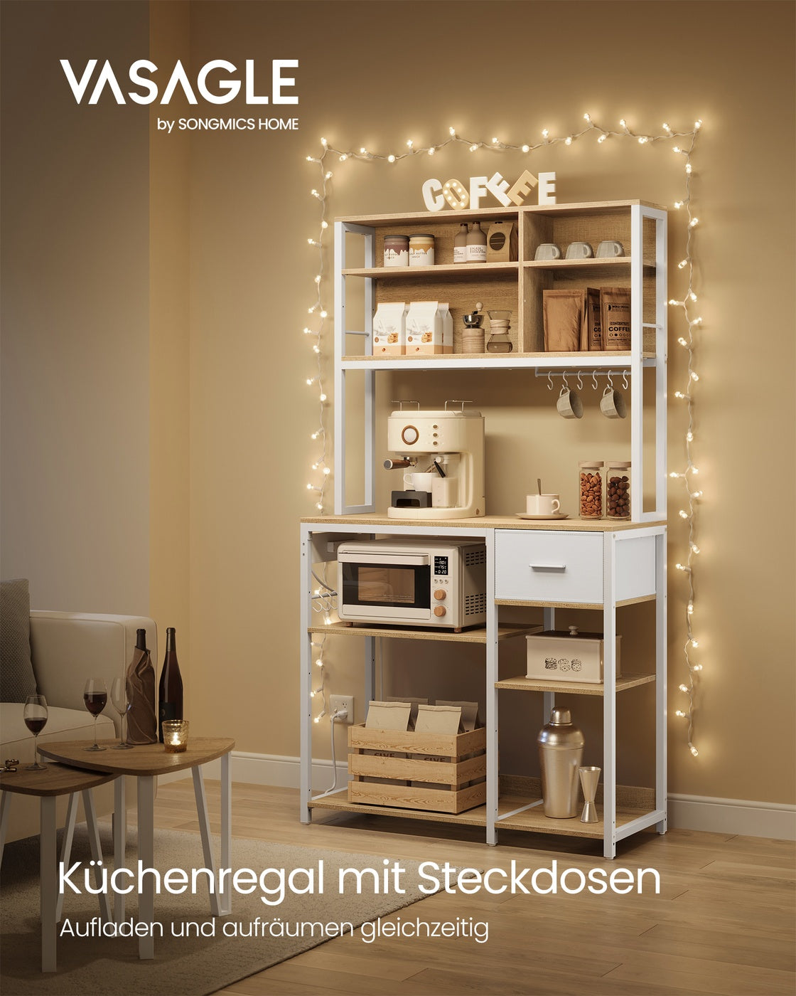 Küchenregal mit Steckdosen und Stoffschublade 40 x 100 x 180,4 cm