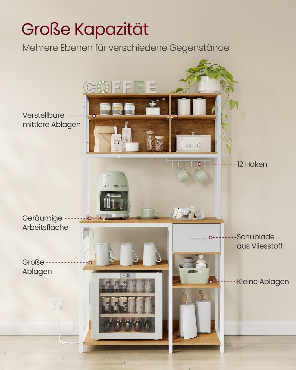Küchenregal mit Steckdosen und Stoffschublade 40 x 100 x 180,4 cm