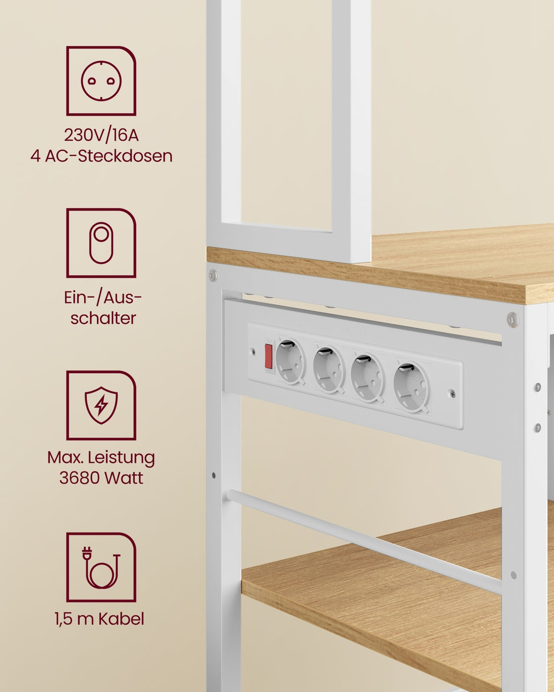 Küchenregal mit Steckdosen und Stoffschublade 40 x 100 x 180,4 cm