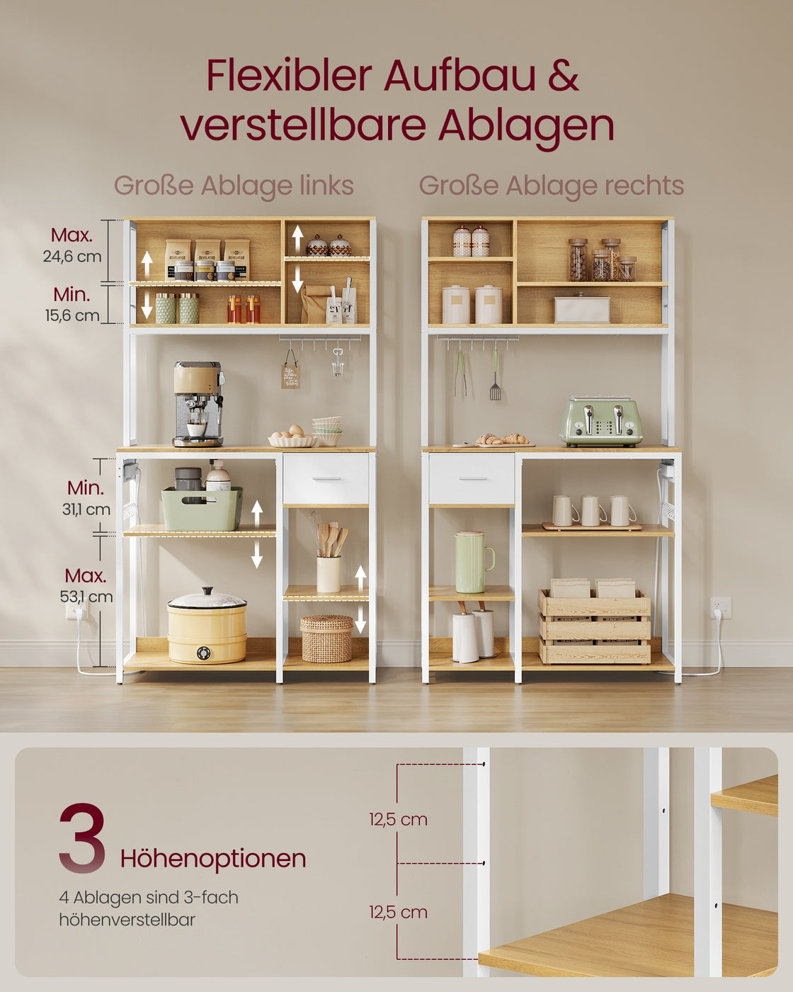 Küchenregal mit Steckdosen und Stoffschublade 40 x 100 x 180,4 cm