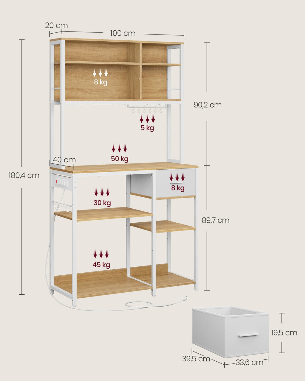 Küchenregal mit Steckdosen und Stoffschublade 40 x 100 x 180,4 cm