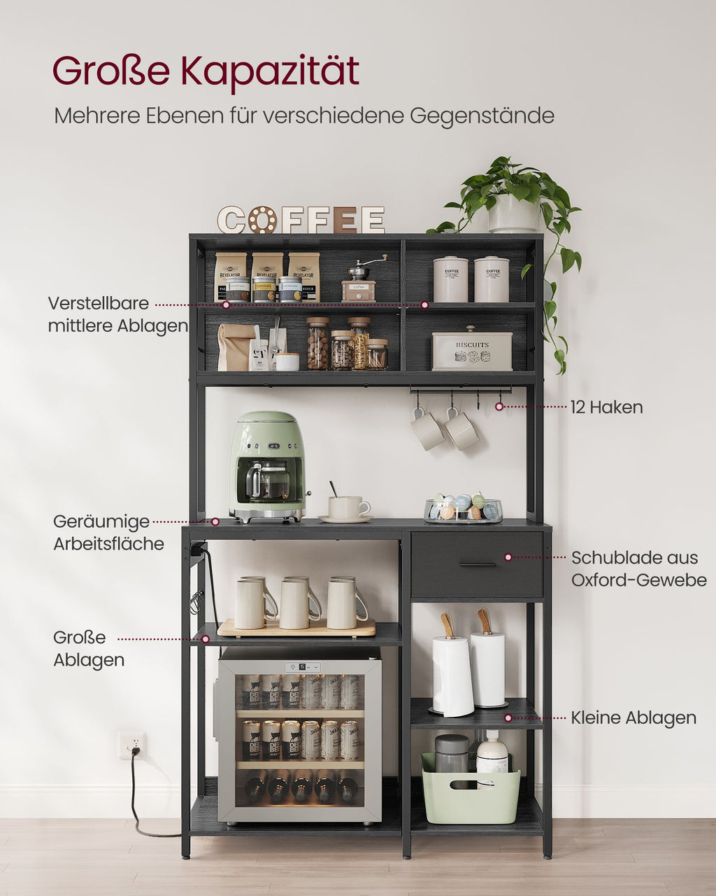 Küchenregal mit Steckdosen und Stoffschubladen anthrazitgrau-tintenschwarz