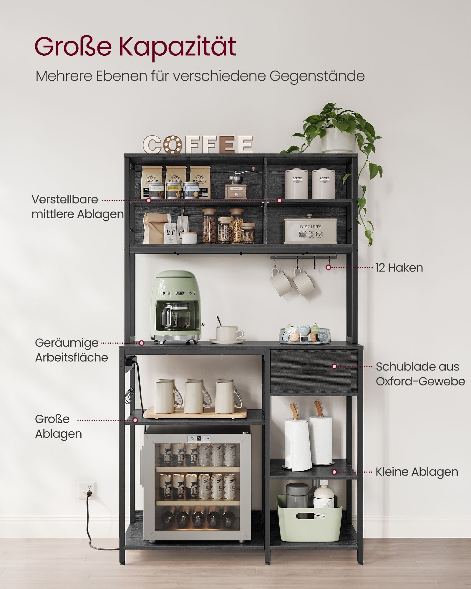 Küchenregal mit Steckdosen und Stoffschubladen anthrazitgrau-tintenschwarz