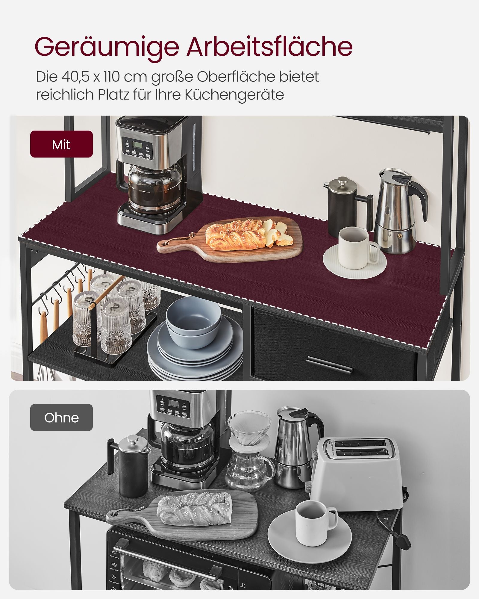Küchenregal mit Steckdosen und Stoffschubladen anthrazitgrau-tintenschwarz