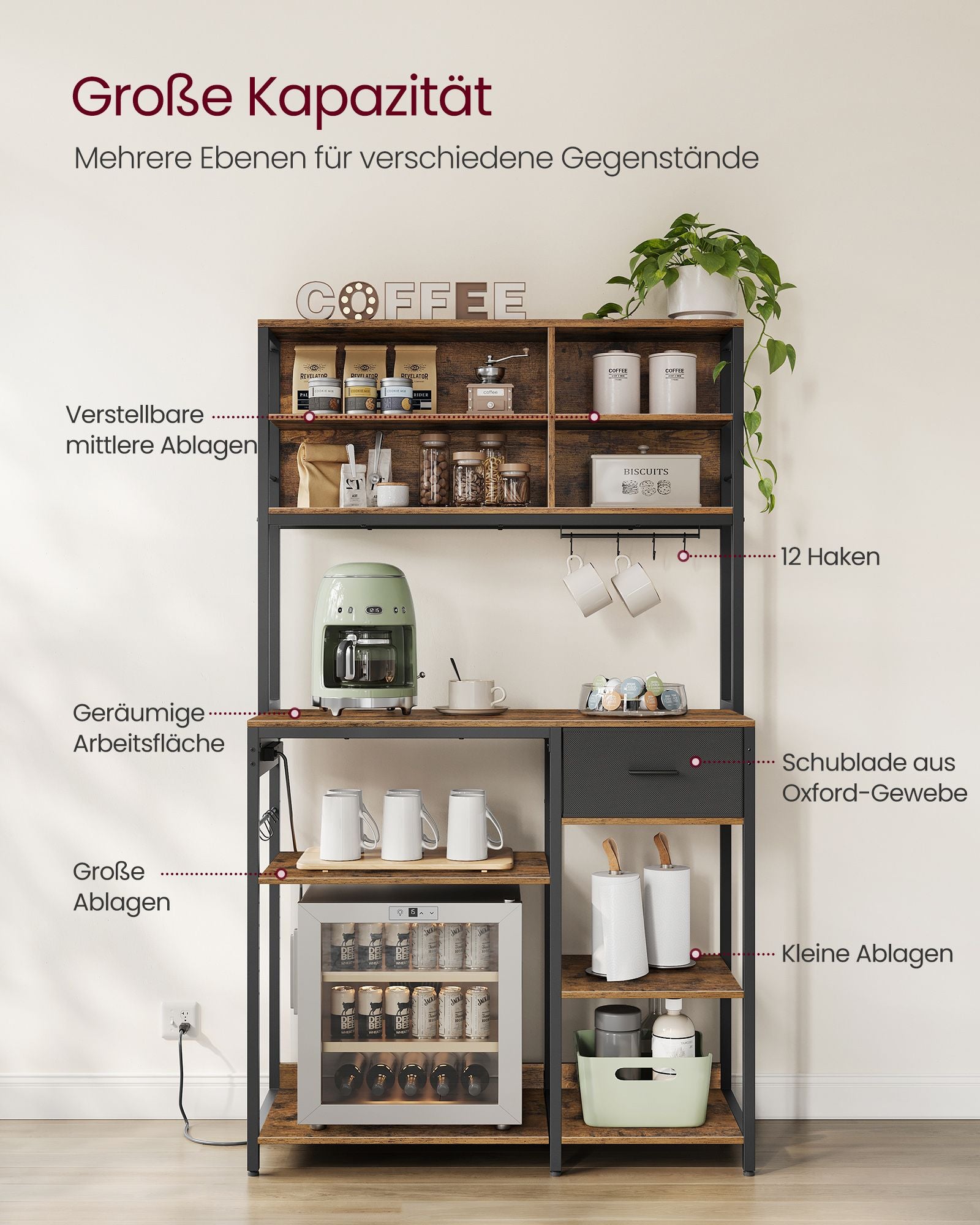 Küchenregal mit Steckdosen und verstellbaren Ablagen vintagebraun-tintenschwarz