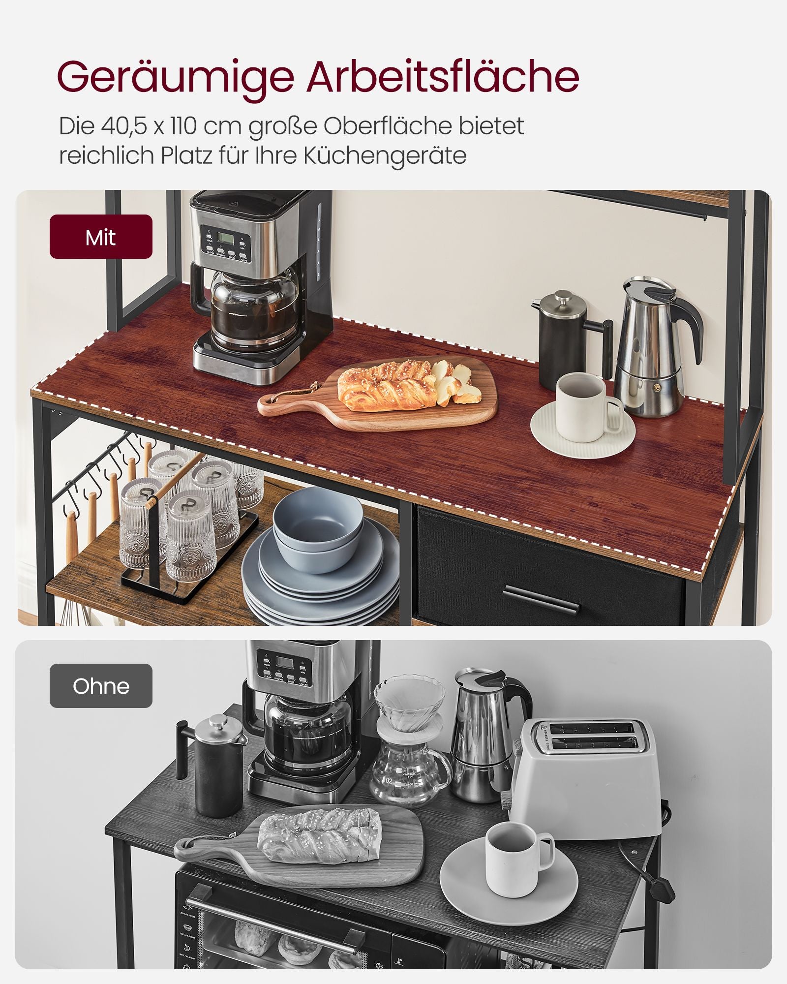 Küchenregal mit Steckdosen und verstellbaren Ablagen vintagebraun-tintenschwarz